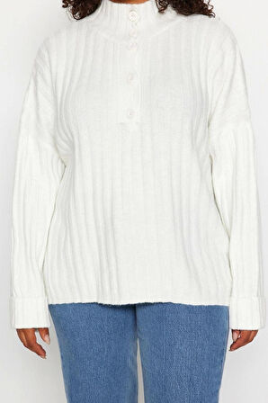 Kadın Büyük Beden Moda Şık Uzun Düğmeli Yaka Uzun Kol Düz Fitilli Düğmeli Triko Kazak