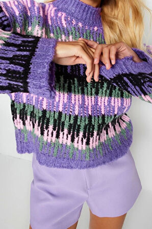 Kadın Moda Şık Dik Yaka Düşük Kol Crop Yumuşak Dokulu Kalın Triko Kazak