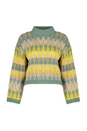 Kadın Moda Şık Dik Yaka Düşük Kol Crop Yumuşak Dokulu Kalın Triko Kazak