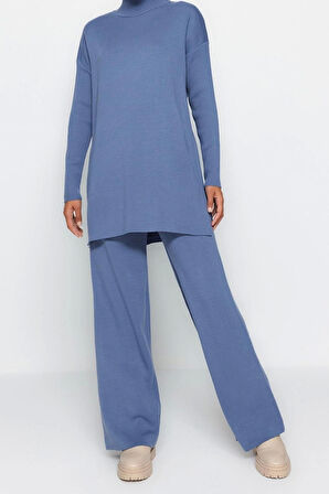 Kadın Moda Şık Geniş Paça Regular Boy Uzun Kollu Yırtmaçlı Geniş Paça Triko Alt-Üst Takım