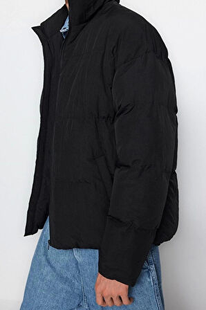 Unisex Moda Şık Bol Dik Yaka Standart Düz Astarlı Oversize Fit Dik Yaka Şişme Kışlık Mont