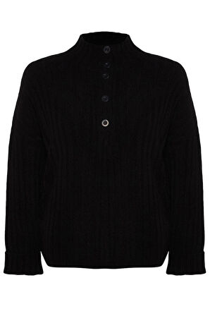 Kadın Büyük Beden Moda Şık Uzun Düğmeli Yaka Uzun Kol Düz Fitilli Düğmeli Triko Kazak