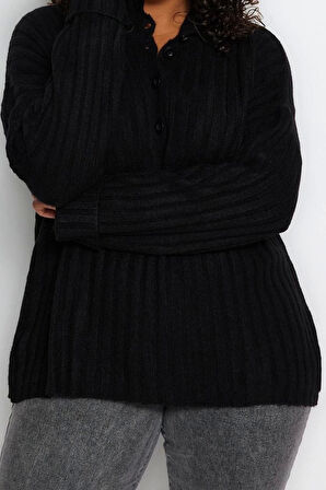 Kadın Büyük Beden Moda Şık Uzun Düğmeli Yaka Uzun Kol Düz Fitilli Düğmeli Triko Kazak