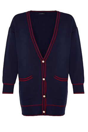 Kadın Tesettür Moda Şık Regular V Yaka Uzun Kol Renk Bloklu İnci Düğmeli Biyeli Oversize Triko Hırka