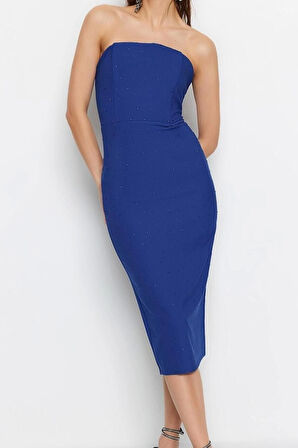 Yeni Fit Mezuniyet Balo Finike Dokuma Straplez Kolsuz Kol Bodycone Midi Boy Elbise