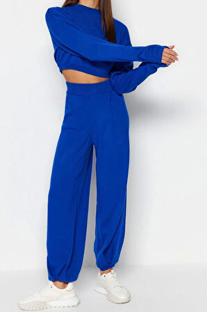 Kadın Moda Şık Regular Boy Uzun Kollu Süper Crop Jogger Pantolonlu Triko Alt-Üst Takım