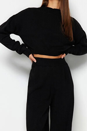 Kadın Moda Şık Regular Boy Uzun Kollu Süper Crop Jogger Pantolonlu Triko Alt-Üst Takım