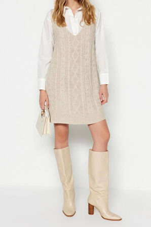 Yeni Regular Casual Günlük Çift Plaka Triko V Yaka Askılı Kol Jile Mini Boy Elbise