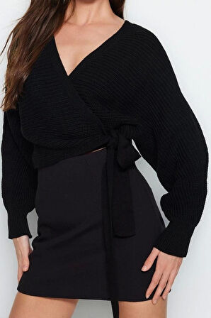 Kadın Moda Şık Kruvaze Standart Kol Crop Yaka Triko Kazak