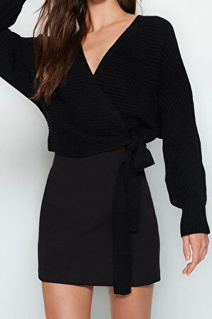 Kadın Moda Şık Kruvaze Standart Kol Crop Yaka Triko Kazak