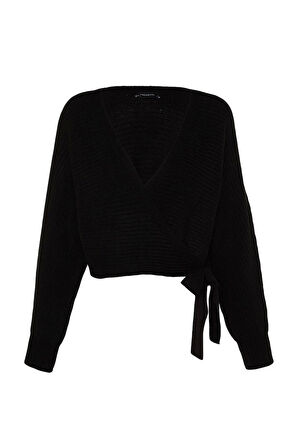 Kadın Moda Şık Kruvaze Standart Kol Crop Yaka Triko Kazak