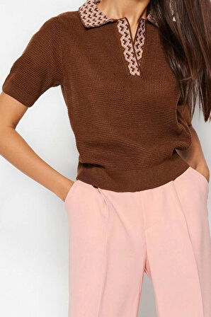 Kadın Moda Şık Üst Giyim Regular Polo Yaka Regular Kalıp Triko Yaka Desenli İnce Bluz