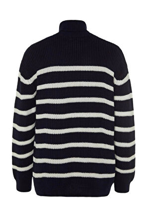 Erkek Moda Şık Balıkçı Yaka Düşük Kol Regular Casual Çizgili Triko Kazak