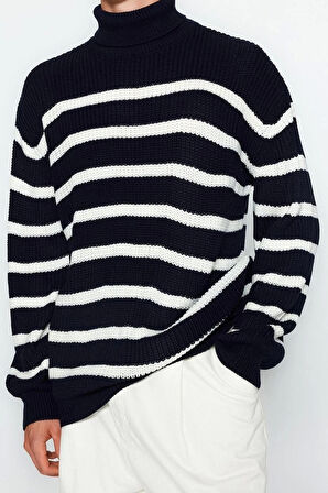 Erkek Moda Şık Balıkçı Yaka Düşük Kol Regular Casual Çizgili Triko Kazak