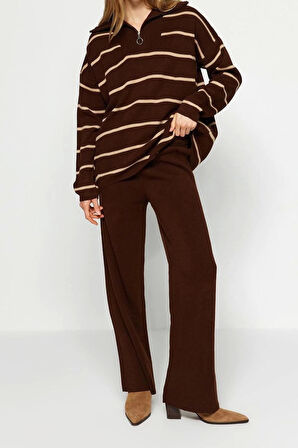 Kadın Moda Şık Regular Boy Uzun Kollu Geniş Kalıp Fermuarlı Triko Alt-Üst Takım