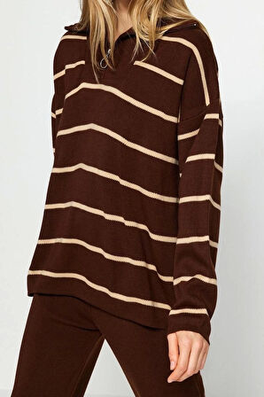 Kadın Moda Şık Regular Boy Uzun Kollu Geniş Kalıp Fermuarlı Triko Alt-Üst Takım