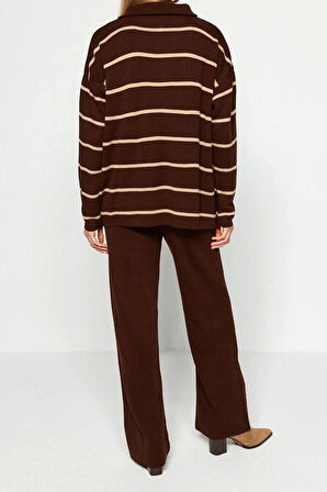 Kadın Moda Şık Regular Boy Uzun Kollu Geniş Kalıp Fermuarlı Triko Alt-Üst Takım