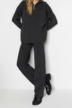 Kadın Moda Şık Regular Boy Uzun Kollu Geniş Kalıp Fermuarlı Triko Alt-Üst Takım