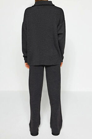 Kadın Moda Şık Regular Boy Uzun Kollu Geniş Kalıp Fermuarlı Triko Alt-Üst Takım