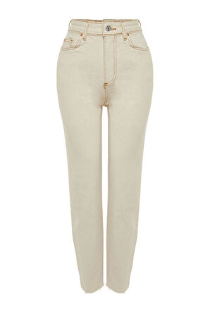 Kadın Moda Şık Kot Pantolon Boru Paça Uzun Boy Denim Ekru Yüksek Bel Slim Mom Jeans