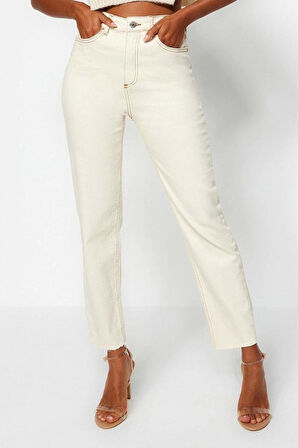 Kadın Moda Şık Kot Pantolon Boru Paça Uzun Boy Denim Ekru Yüksek Bel Slim Mom Jeans