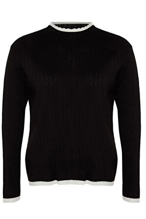 Kadın Büyük Beden Moda Şık Regular Dik Yaka Uzun Kol Düz Çizgi Detaylı Triko Kazak