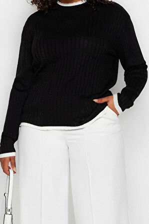 Kadın Büyük Beden Moda Şık Regular Dik Yaka Uzun Kol Düz Çizgi Detaylı Triko Kazak