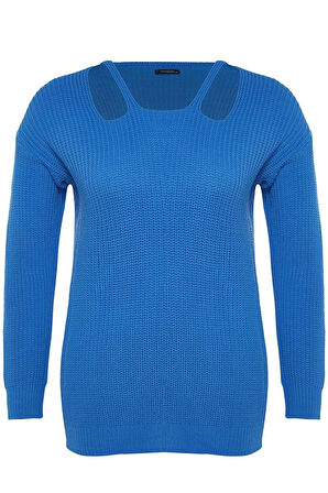 Kadın Büyük Beden Moda Regular Kare Yaka Uzun Kol Düz İndigo Önü Pencere Cut Out Detaylı Triko Kazak