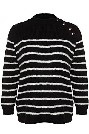 Kadın Büyük Beden Moda Şık Regular Bisiklet Yaka Uzun Kol Çizgili Gold Düğme Detaylı Triko Kazak