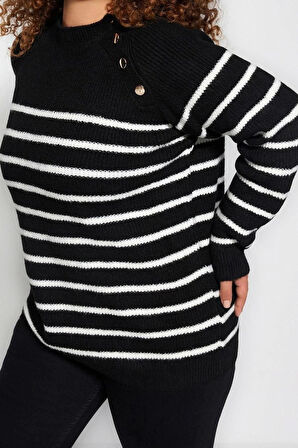 Kadın Büyük Beden Moda Şık Regular Bisiklet Yaka Uzun Kol Çizgili Gold Düğme Detaylı Triko Kazak