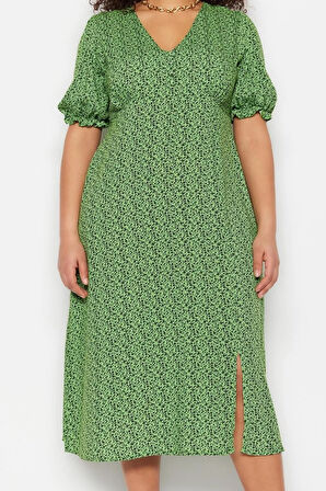 Yeni Rahat Casual Günlük Shally Dokuma V Yaka Kısa Kol A-Line Midi Boy Büyük Beden Elbise