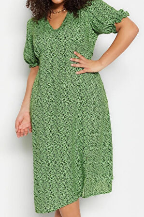 Yeni Rahat Casual Günlük Shally Dokuma V Yaka Kısa Kol A-Line Midi Boy Büyük Beden Elbise