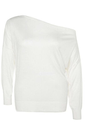 Kadın Büyük Beden Moda Şık Regular Carmen Yaka Uzun Kol Düz Gri Kayık Yaka Triko Kazak