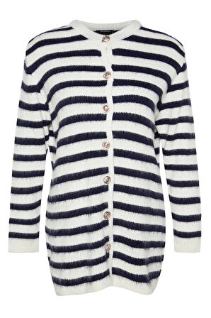 Kadın Tesettür Regular Bisiklet Yaka Uzun Kol Çizgili Gold Düğme Detaylı Yumuşak Dokulu Triko Hırka