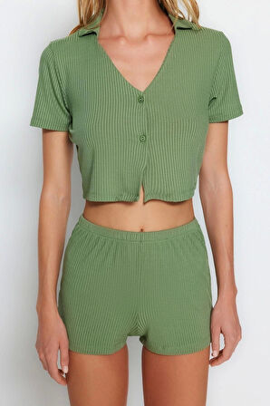 Kadın Polyester V Yaka Kısa Kol Pembe Fitilli Crop T-shirt-Şort Örme Pijama Takımı