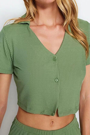 Kadın Polyester V Yaka Kısa Kol Pembe Fitilli Crop T-shirt-Şort Örme Pijama Takımı