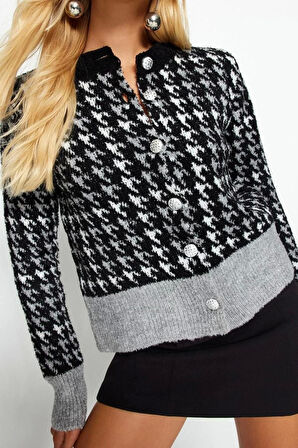 Kadın Moda Şık Regular Bisiklet Yaka Regular Buklet İplikli Desenli Ceket Görünümlü Triko Hırka