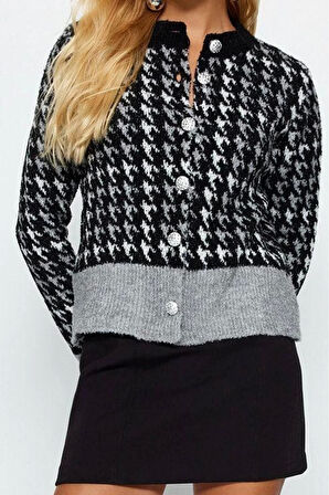 Kadın Moda Şık Regular Bisiklet Yaka Regular Buklet İplikli Desenli Ceket Görünümlü Triko Hırka