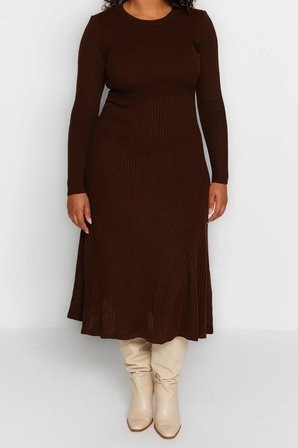 Yeni Fit Casual Günlük Fitilli Triko Bisiklet Yaka Uzun Kol A-Line Midi Boy Büyük Beden Elbise