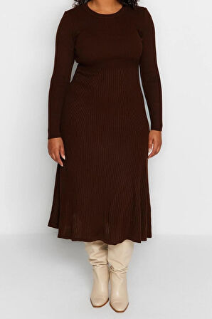 Yeni Fit Casual Günlük Fitilli Triko Bisiklet Yaka Uzun Kol A-Line Midi Boy Büyük Beden Elbise