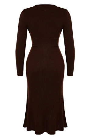 Yeni Fit Casual Günlük Fitilli Triko Bisiklet Yaka Uzun Kol A-Line Midi Boy Büyük Beden Elbise