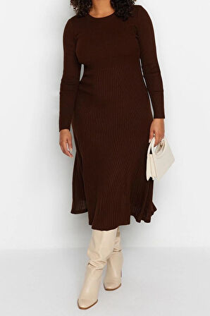 Yeni Fit Casual Günlük Fitilli Triko Bisiklet Yaka Uzun Kol A-Line Midi Boy Büyük Beden Elbise