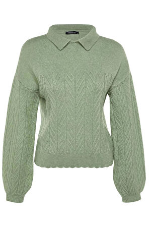 Kadın Moda Şık Regular Polo Yaka Uzun Kol Saç Örgü Geniş Kalıp Yumuşak Dokulu lü Triko Kazak