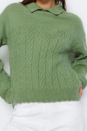 Kadın Moda Şık Regular Polo Yaka Uzun Kol Saç Örgü Geniş Kalıp Yumuşak Dokulu lü Triko Kazak