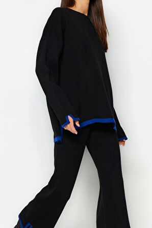 Kadın Moda Şık Regular Boy Uzun Kollu Geniş Kalıp Kontrast Renkli Triko Alt-Üst Takım