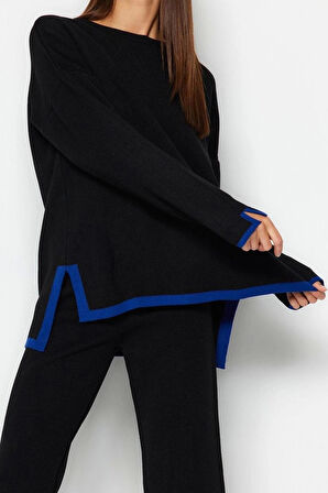 Kadın Moda Şık Regular Boy Uzun Kollu Geniş Kalıp Kontrast Renkli Triko Alt-Üst Takım