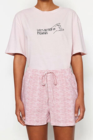 Kadın Pamuklu Bisiklet Yaka Kısa Kol Çizgili Slogan Baskılı Pamuklu T-shirt-Şort Örme Pijama Takımı