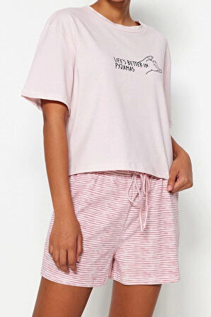 Kadın Pamuklu Bisiklet Yaka Kısa Kol Çizgili Slogan Baskılı Pamuklu T-shirt-Şort Örme Pijama Takımı