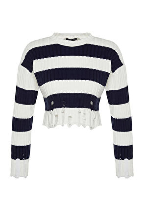 Kadın Moda Şık Bisiklet Yaka Düşük Kol Crop Geniş Kalıp Çizgili Triko Kazak