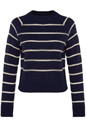 Kadın Moda Şık Regular Bisiklet Yaka Uzun Kol Çizgili Simli Triko Kazak